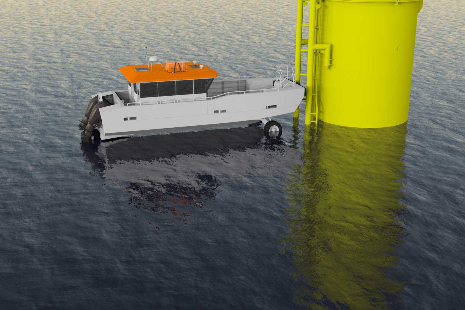 A white boat with an orange roof is positioned in calm water next to a yellow cylindrical structure.