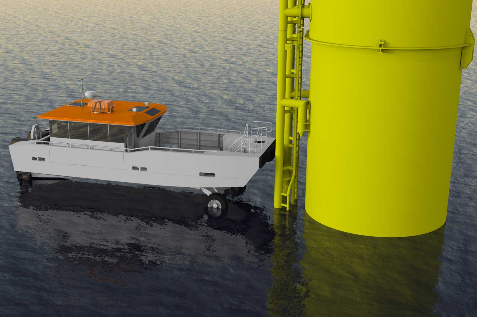 A boat with an orange roof is docked to a yellow structure in the water. The surroundings are reflected on the calm water’s surface.