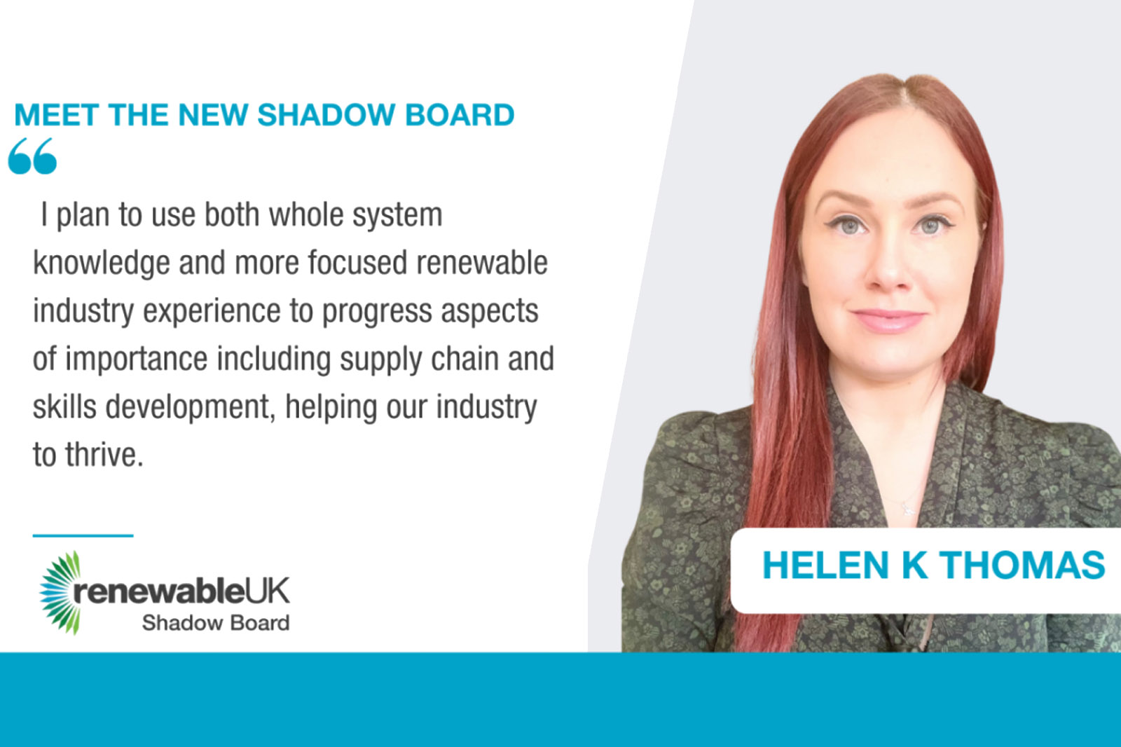 A professional portrait of a woman with long reddish hair, discussing her role on the renewable energy shadow board.