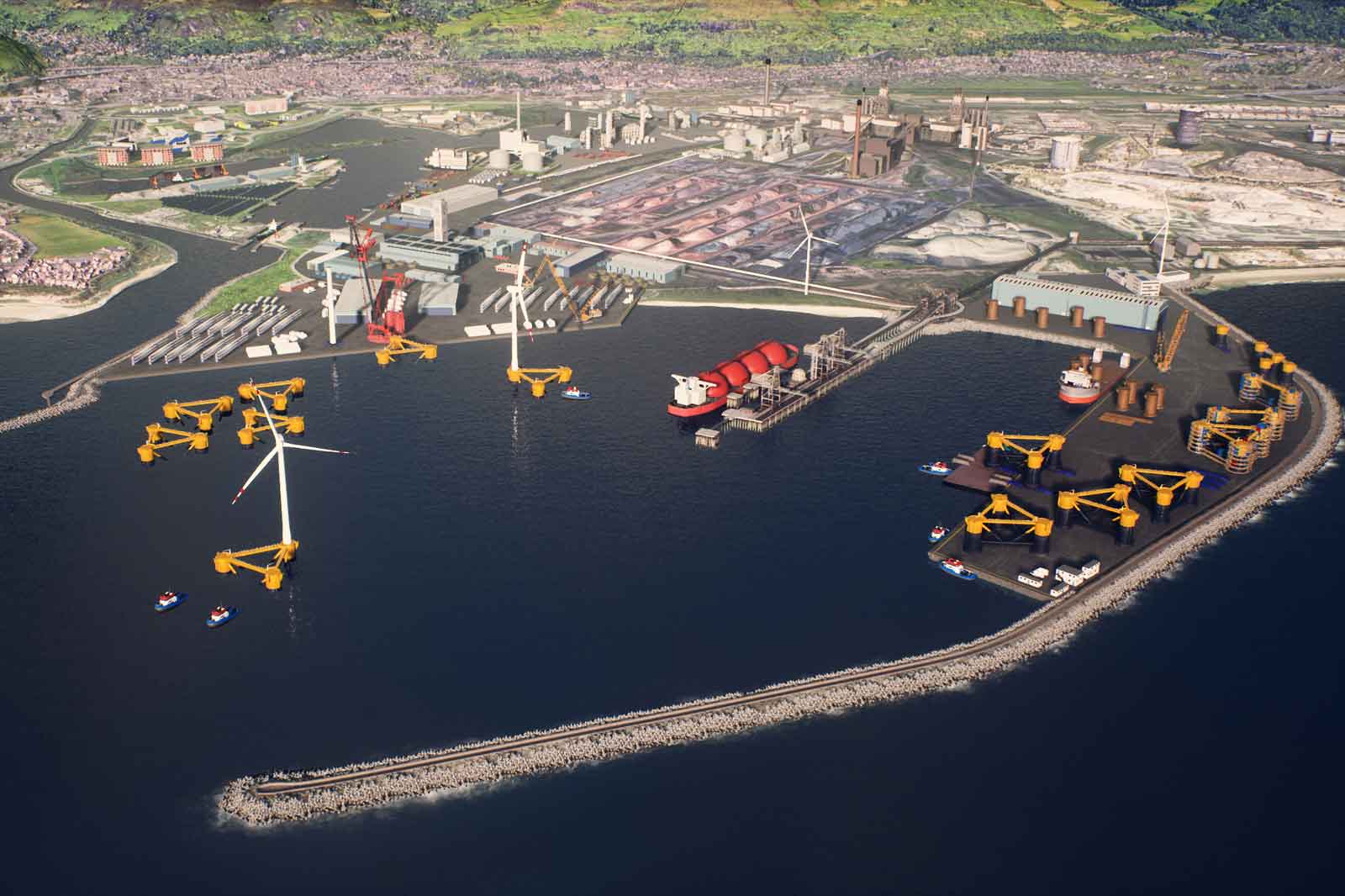 An aerial view of an industrial port featuring wind turbines, cranes, and ships in a waterway surrounded by green hills.