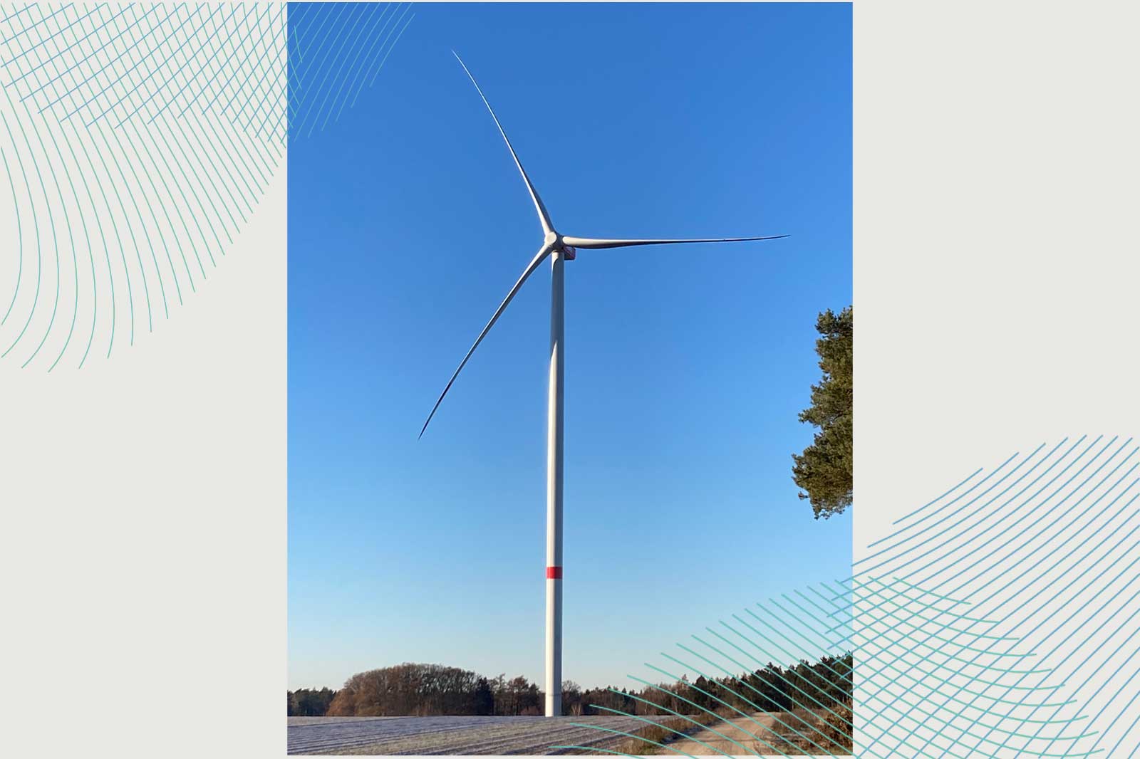 Ein Windrad steht vor einem blauen Himmel, umgeben von Bäumen und einem klaren Panorama.