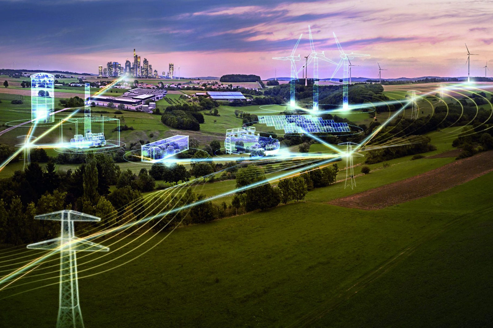 Eine grüne Landschaft mit Windkraftanlagen und Solarpanelen, umgeben von einer Stadt im Hintergrund und leuchtenden Übertragungsleitungen.