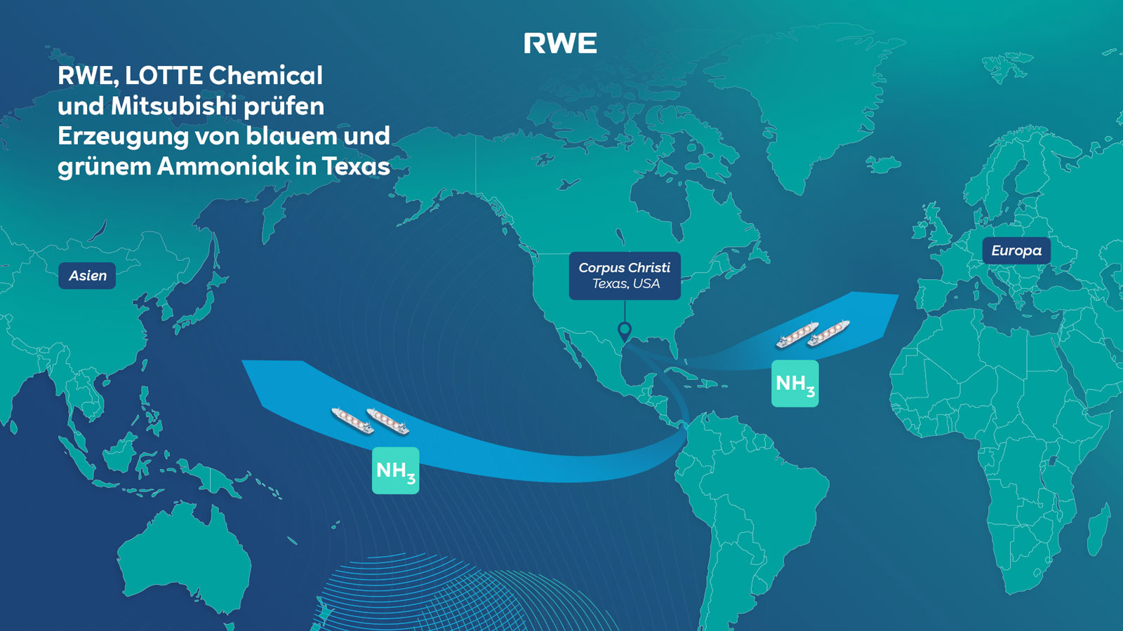 Karte, die die Ammoniakprojekte von RWE, LOTTE Chemical und Mitsubishi in Texas darstellt, mit Transportwegen.