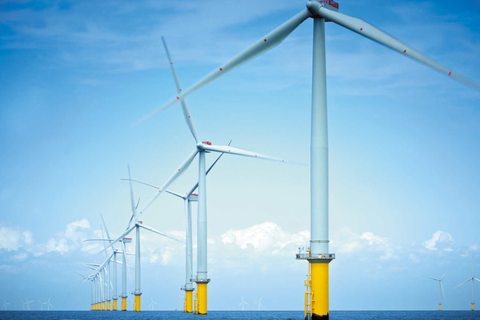 A row of wind turbines stands in the sea, with yellow foundations and a clear blue sky in the background.