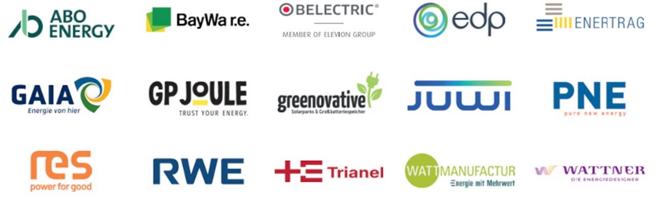 Mehrere farbige Unternehmenslogos auf weißem Hintergrund, angeordnet in Reihen, darunter Namen wie „ABO ENERGY“, „GP JOULE“ und „RWE“.