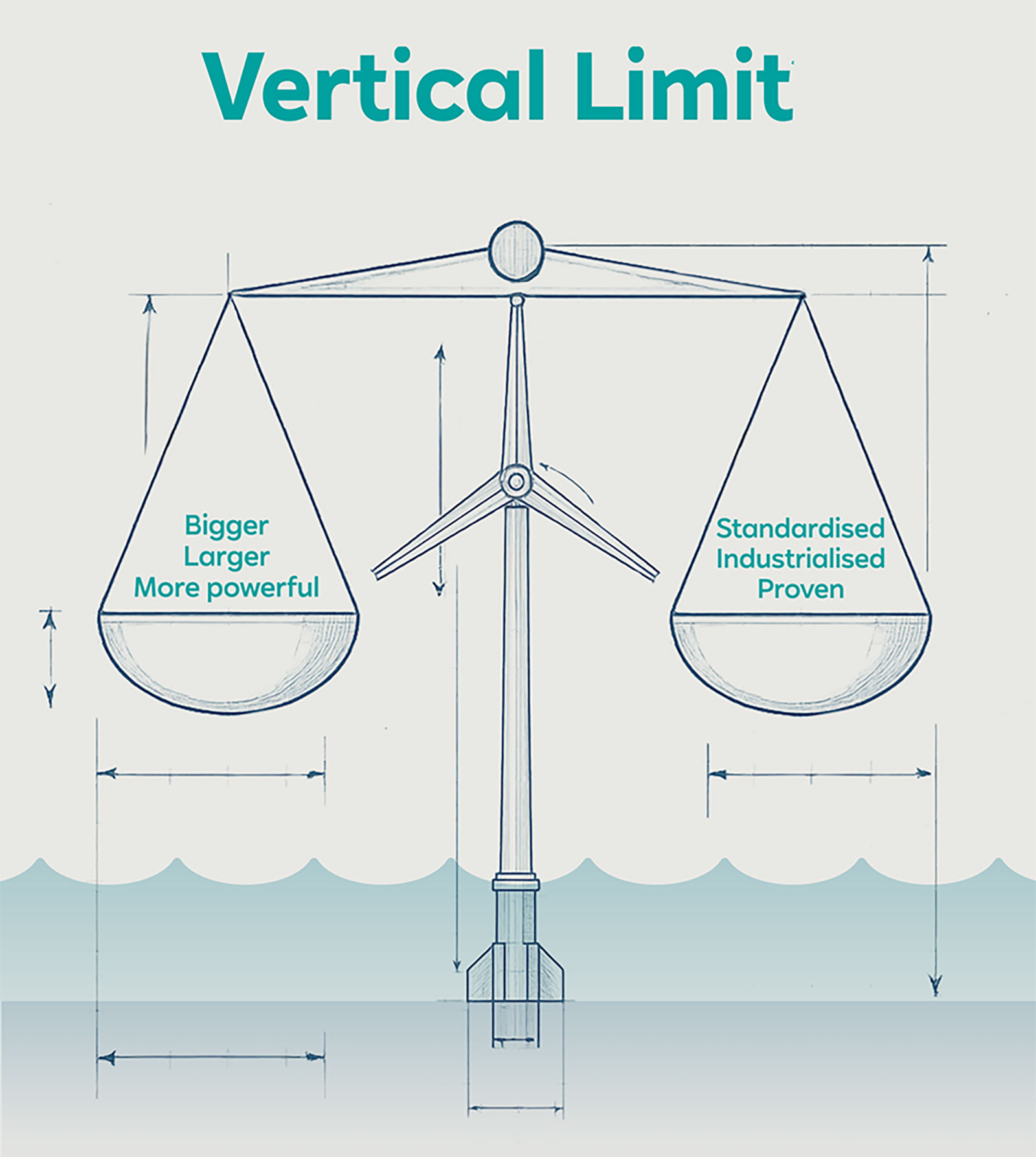 A scale labelled 'Vertical Limit' displaying two weights: 'Bigger Larger More powerful' and 'Standardised Industrialised Proven'.