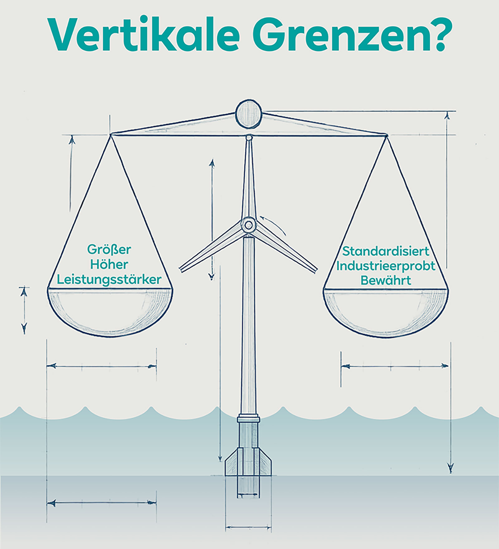 Eine einfache Waage mit den Beschriftungen 'Größer Höher Leistungsstärker' links und 'Standardisiert Industrieerprobt Bewährt' rechts.