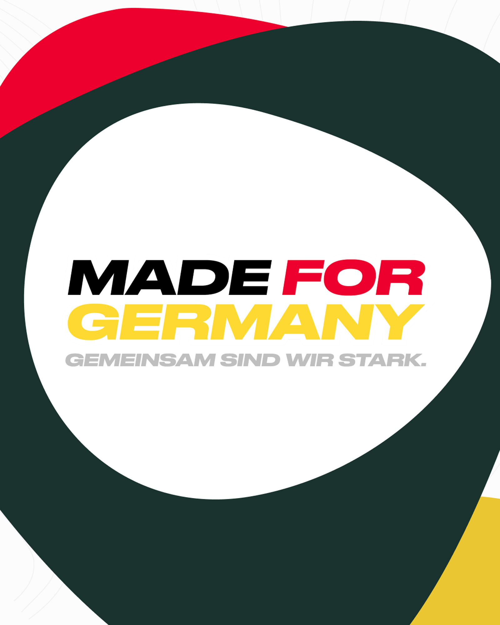 Ein Grafisches Design mit der Aufschrift 'MADE FOR GERMANY' in auffälligen Farben vor einem weißen Hintergrund.