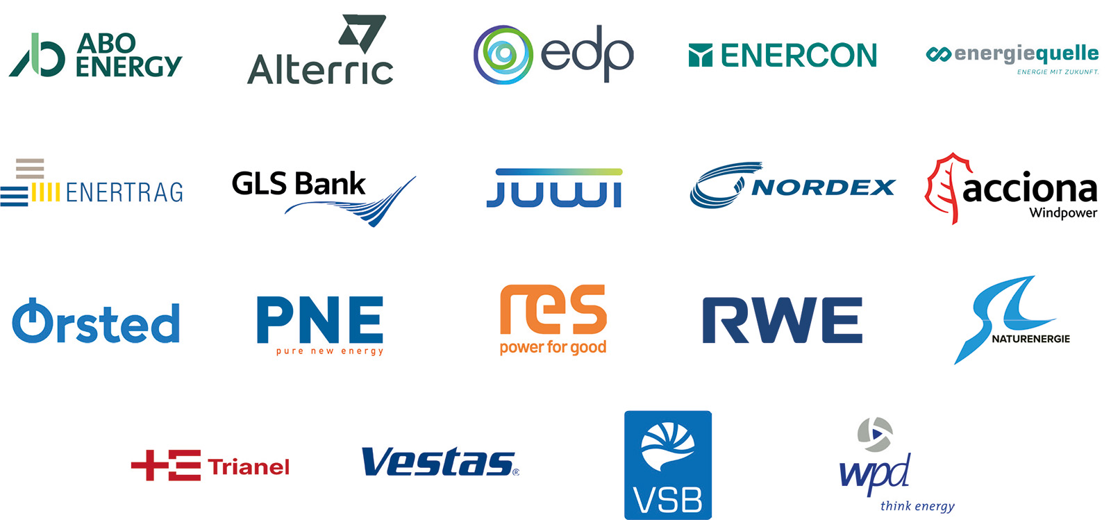 Mehrere farbige Unternehmenslogos für Energie auf weißem Hintergrund, darunter „ABO ENERGY“, „edp“, „ENERCON“, „ENERTRAG“, „GLS Bank“, „JUWI“, „NORDEX“, „RWE“ und „Vestas“.