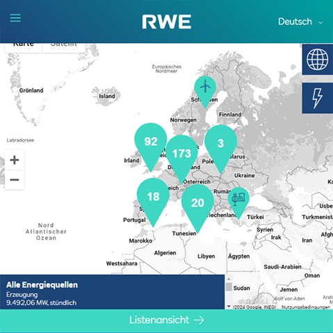 Karte, die Energiequellen in Europa zeigt, mit Datenmarkierungen, die die Erzeugungskapazität anzeigen.