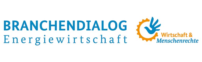 Logo von Branchendialog Energiewirtschaft, mit blauer Schrift und einer orangefarbenen Hand in einem Zahnrad.