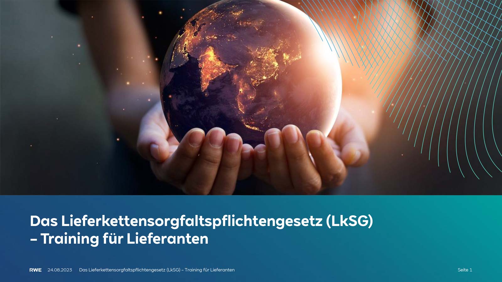 Hände halten eine leuchtende Erdkugel, umgeben von einem modernen Hintergrund für ein Training zum Lieferkettengesetz.