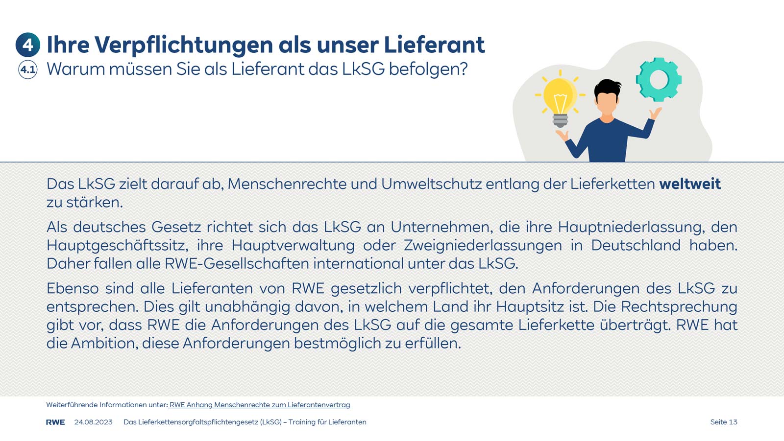 Eine Präsentationsfolie, die die LkSG-Verpflichtungen für Lieferanten behandelt und Menschenrechte sowie Umweltschutz hervorhebt.