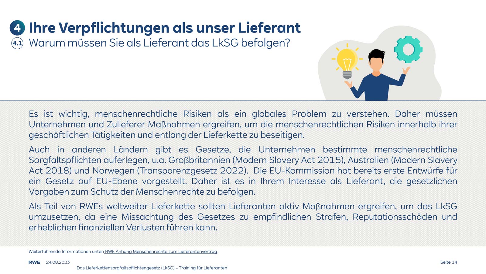 Ein Informationsblatt über menschenrechtliche Verpflichtungen für Lieferanten, mit Fokus auf das LkSG und globale Risiken.