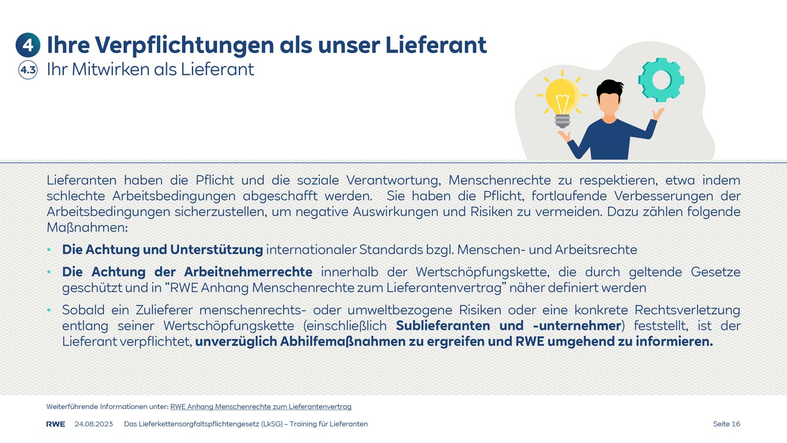 Eine Informationsseite über Verpflichtungen von Lieferanten zur Wahrung von Menschenrechten und Arbeitsstandards.