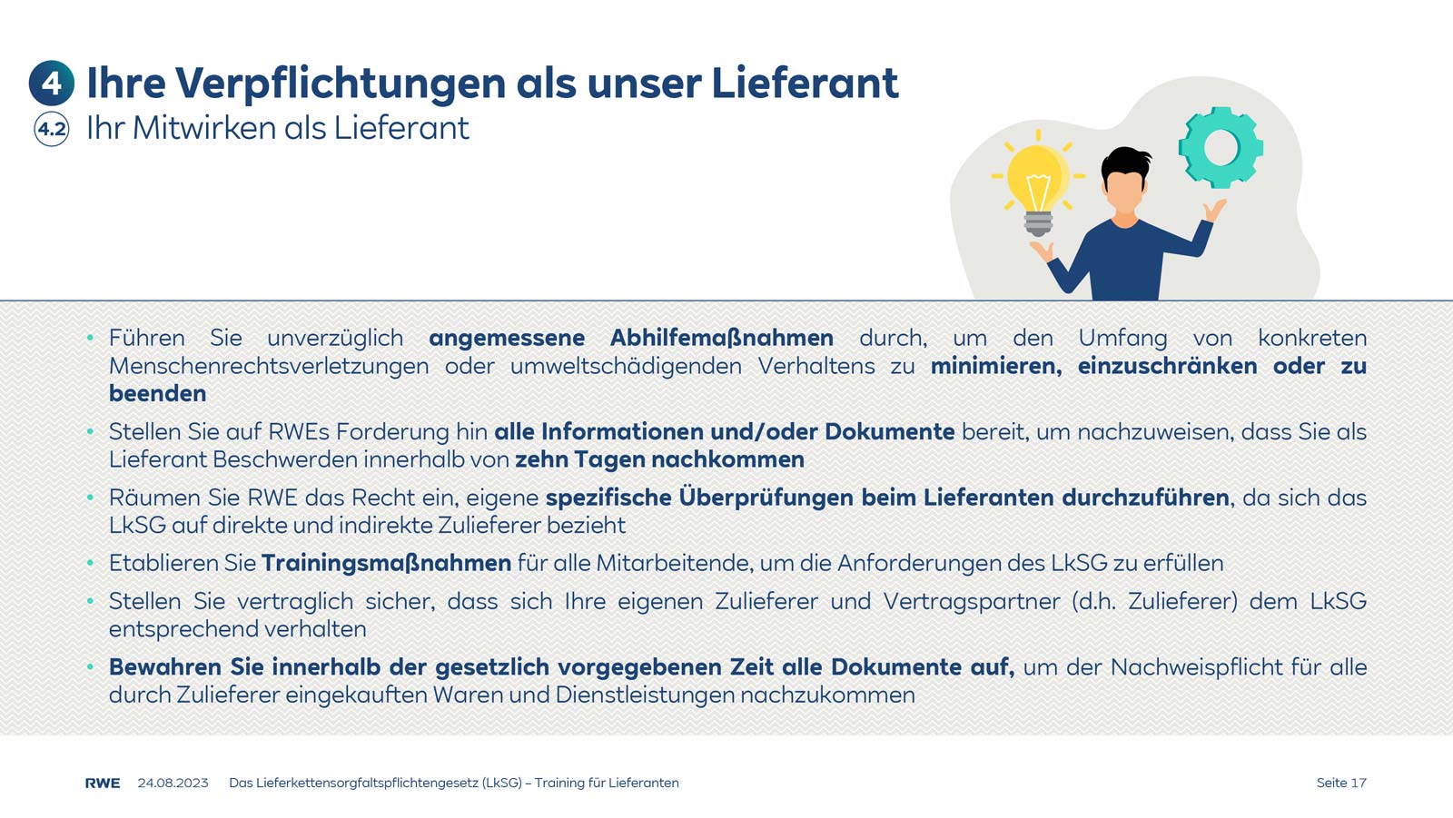 Eine Folie, die die Verpflichtungen von Lieferanten darstellt, einschließlich Maßnahmen gegen Menschenrechtsverletzungen und Dokumentenbereitschaft.