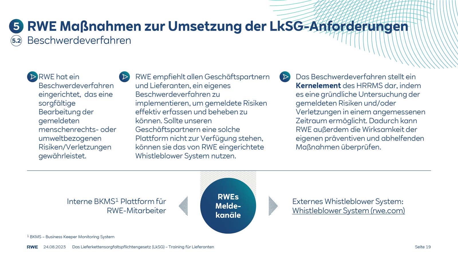 RWE-Maßnahmen zur Umsetzung der LkSG-Anforderungen bezüglich Beschwerdeverfahren, einschließlich Richtlinien für Partner und Whistleblower-Systeme.
