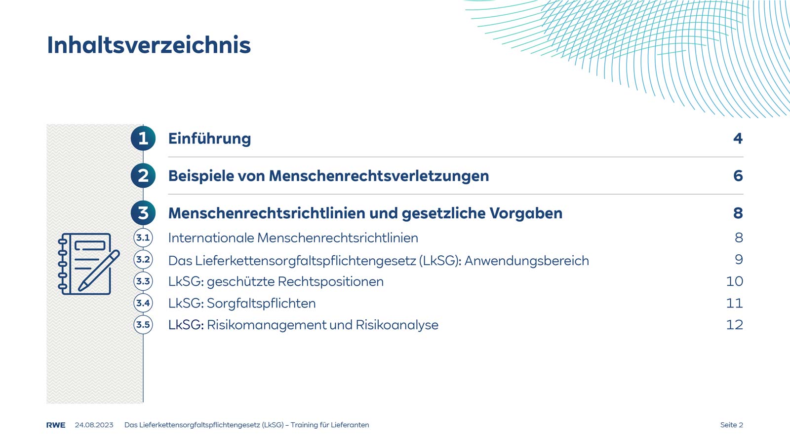 Inhaltsverzeichnis eines Dokuments über Menschenrechtsrichtlinien und gesetzliche Vorgaben, mit Auflistung von Abschnitten und Seitenzahlen.