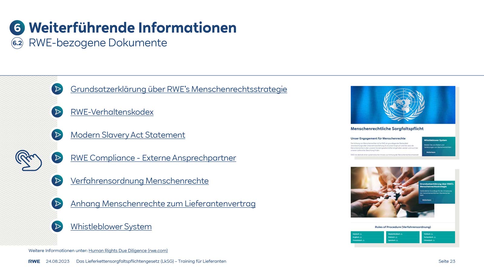Dokumentenübersicht mit Links zur Menschenrechtsstrategie von RWE, Compliance und Whistleblower-System.