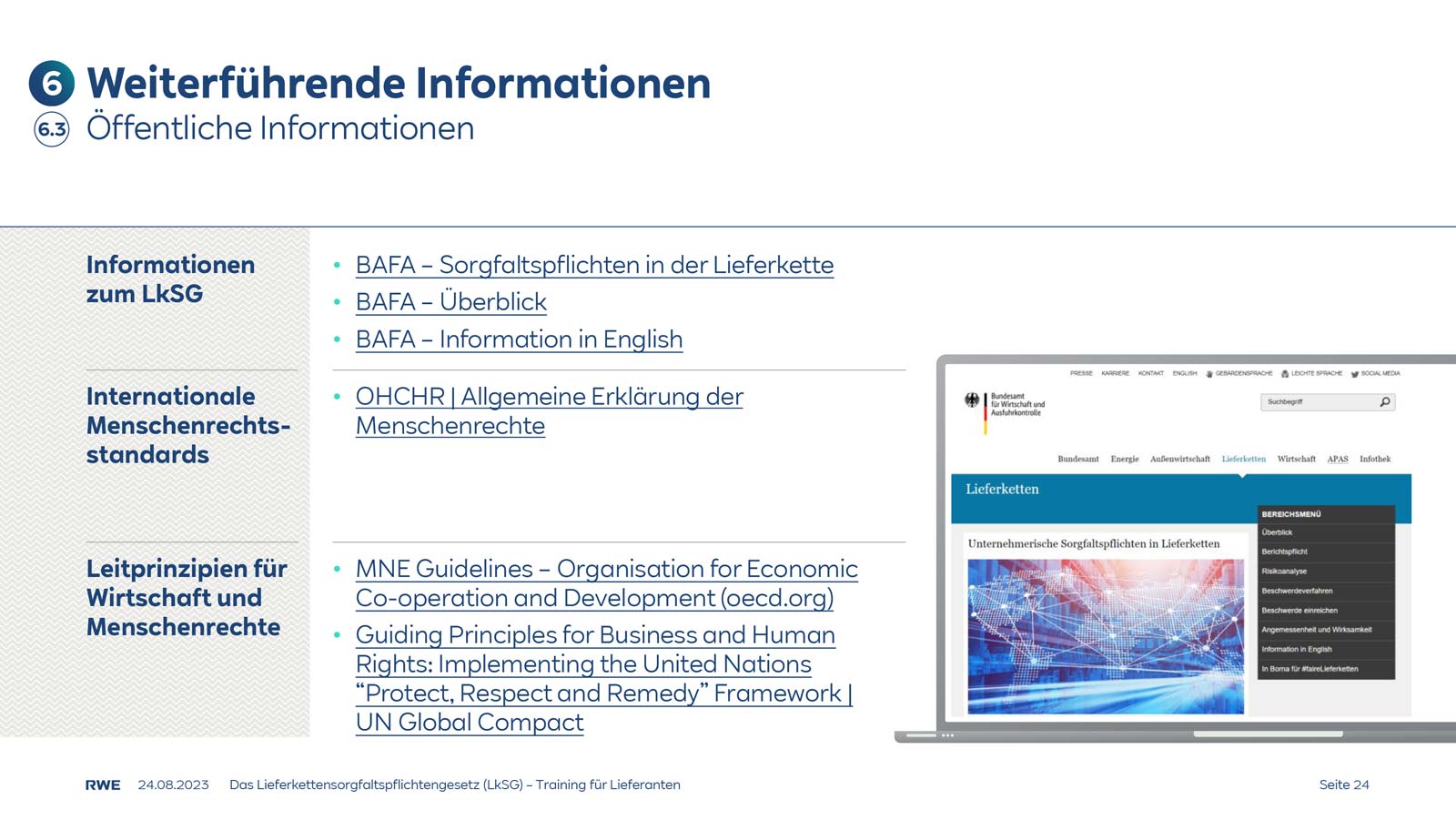 Öffentlicher Informationsbereich zu Sorgfaltspflichten in Lieferketten mit Richtlinien und Ressourcen von BAFA und OHCHR.