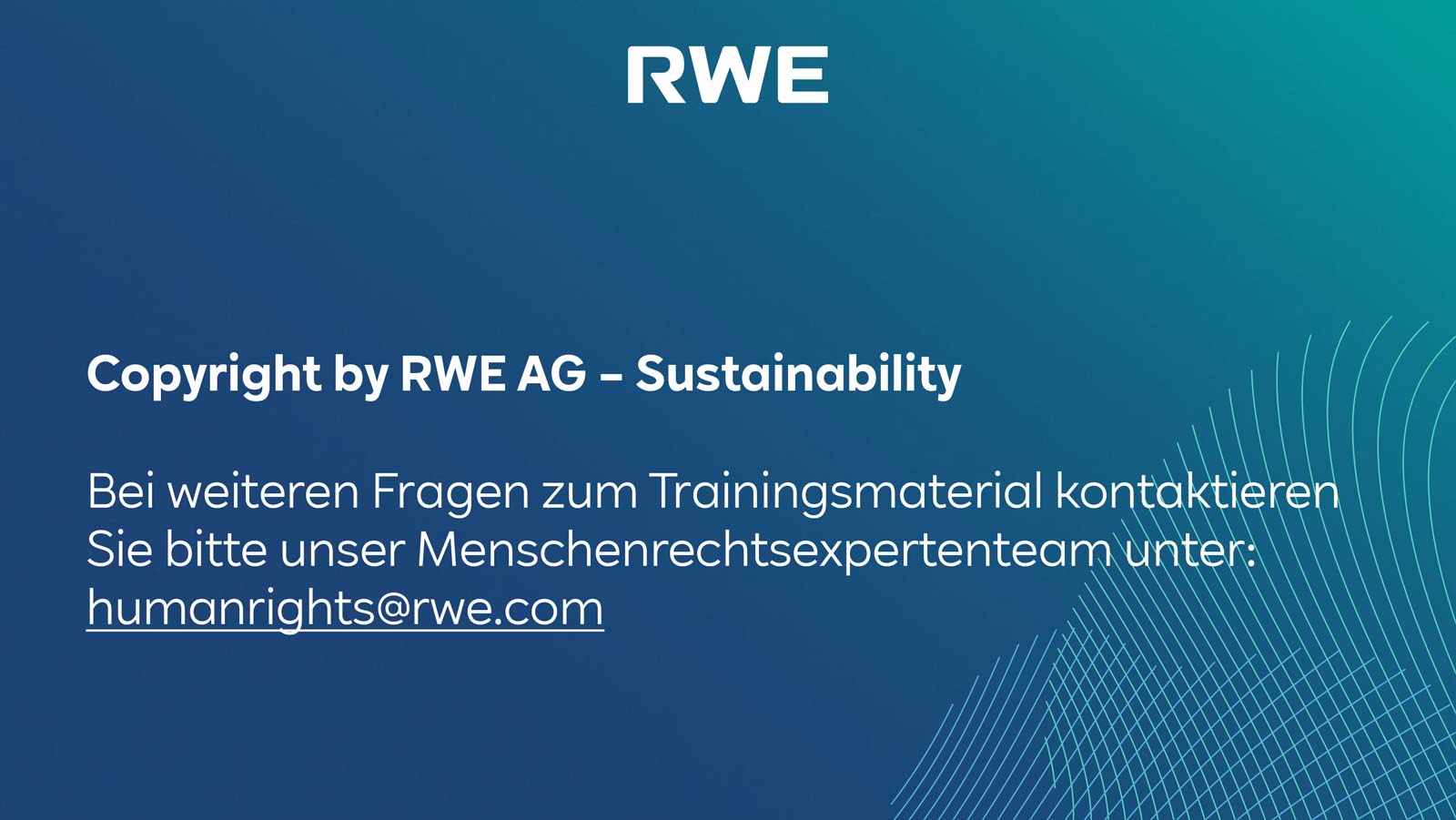 Copyright-Hinweis von RWE AG zur Nachhaltigkeit mit Kontaktinformationen für Fragen zum Trainingsmaterial.