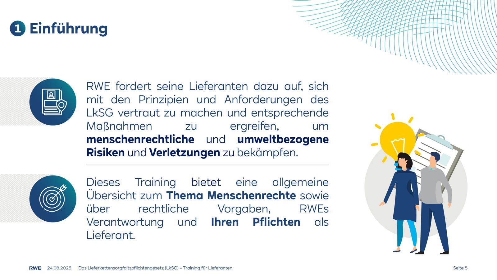 Einführung in das RWE-Lieferantentraining zu Menschenrechten und umweltbezogenen Vorschriften.