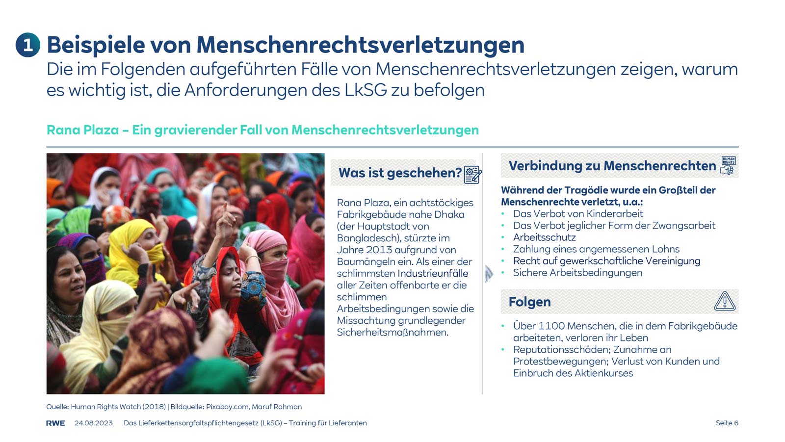 Eine Menschenmenge in bunten Kleidern versammelt, die eine Präsentation über Menschenrechtsverletzungen hervorhebt.