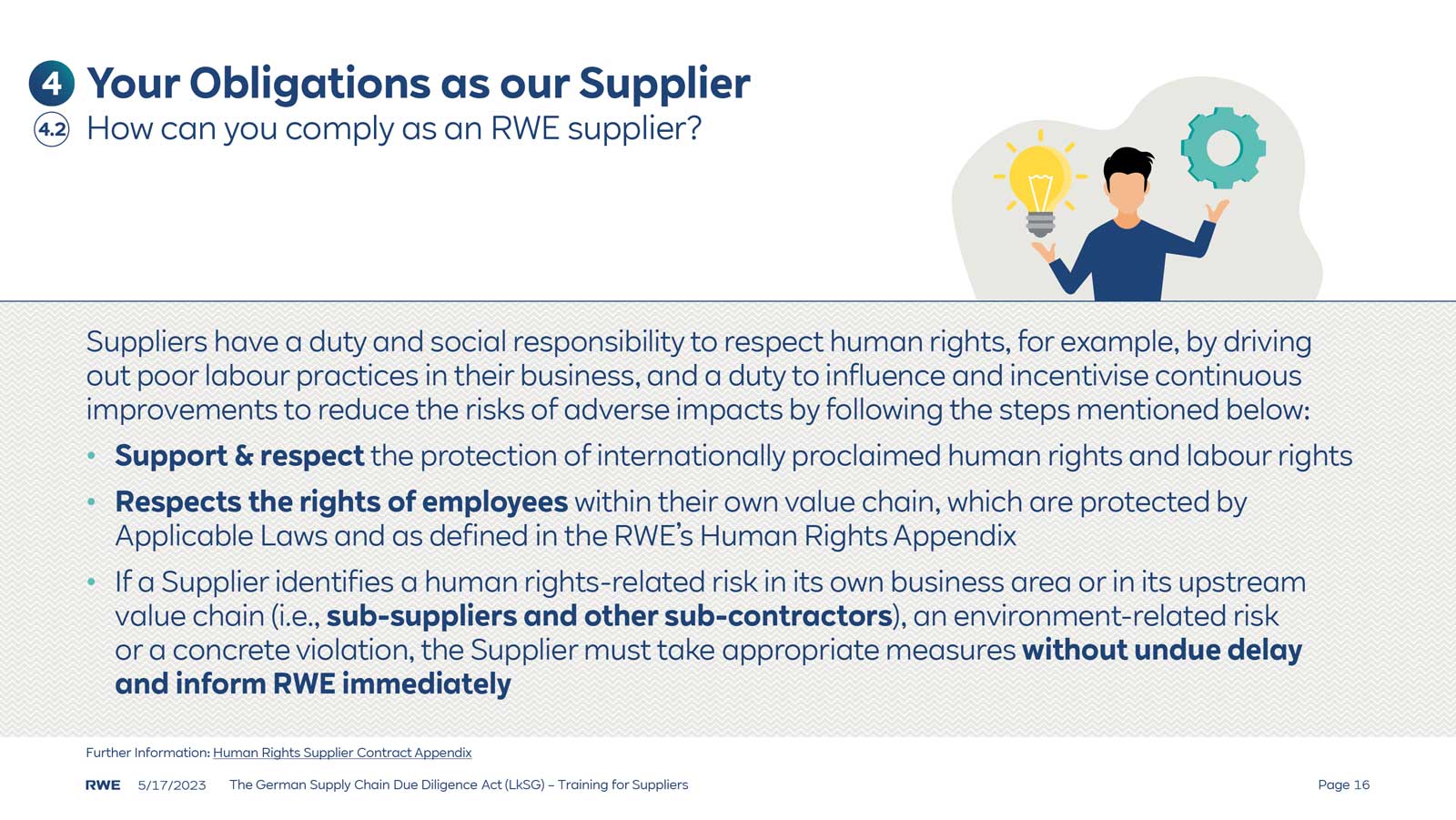 A document outlining supplier obligations regarding human rights and labour rights compliance, featuring headings and bullet points.