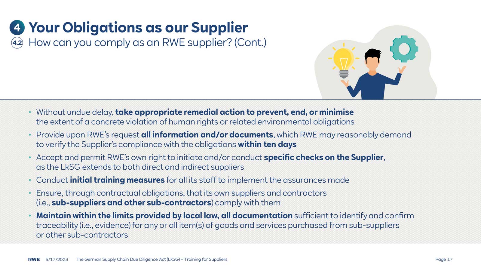 A document outlining supplier obligations, including compliance actions and documentation requirements with RWE and sub-suppliers.