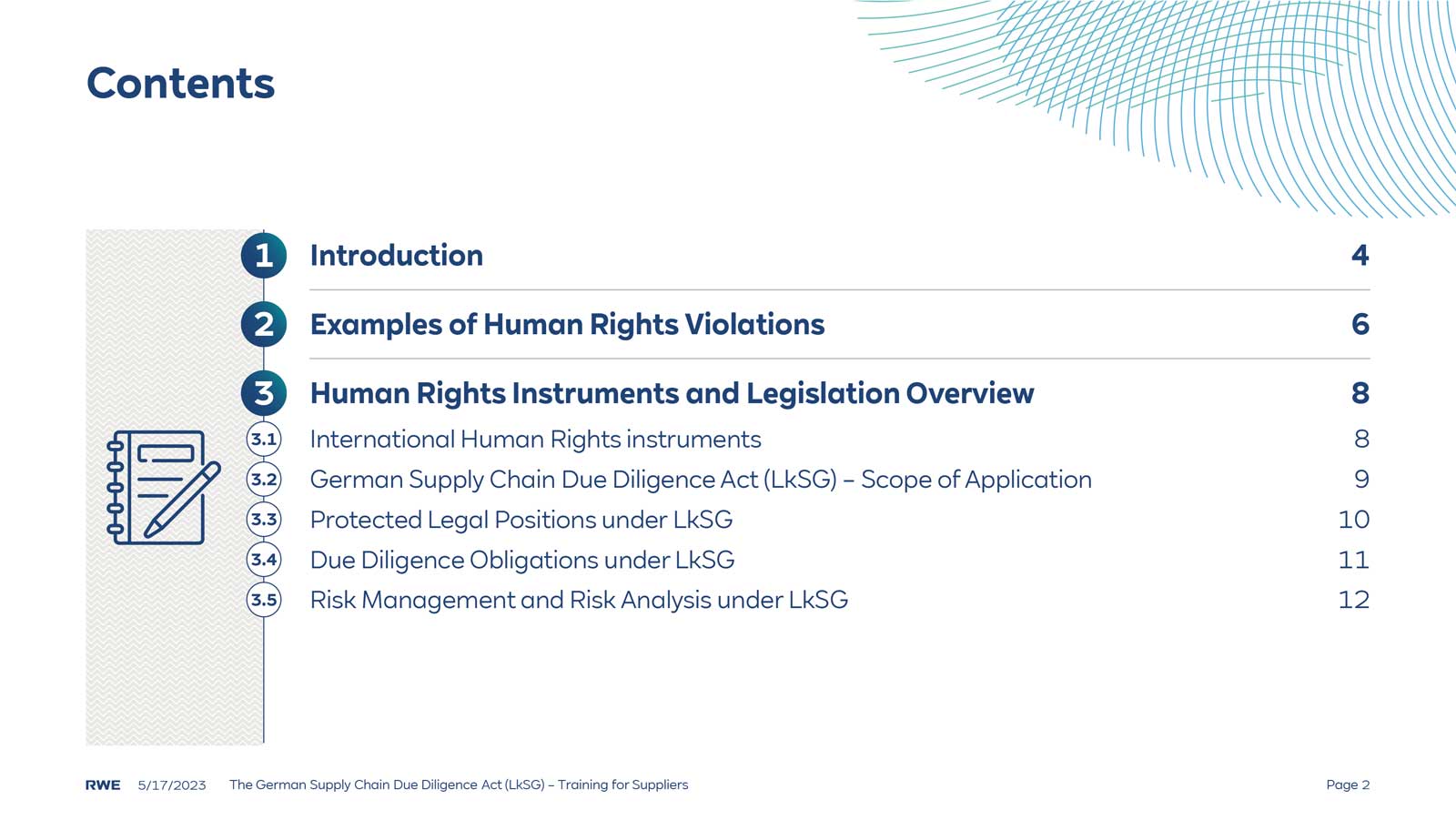 Contents page of a document detailing human rights and due diligence legislation, with section titles and page numbers.