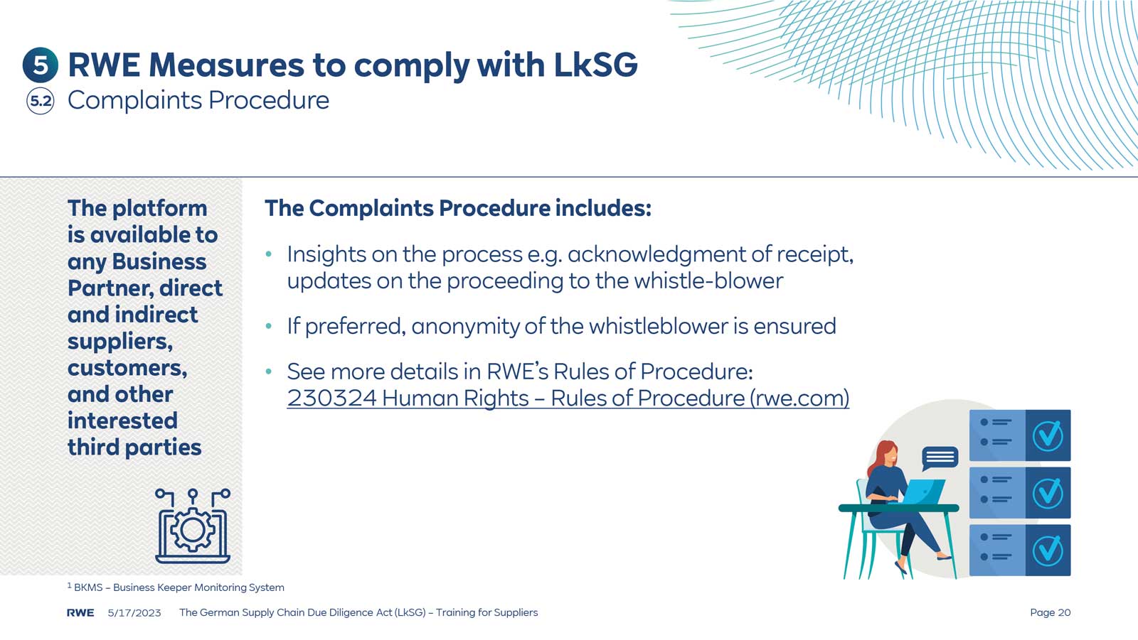 A woman sitting at a desk using a laptop, reviewing a complaints procedure document related to RWE's compliance measures.