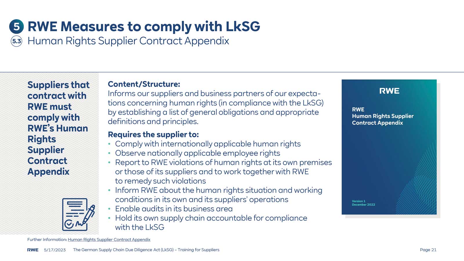 An overview of RWE's Human Rights Supplier Contract Appendix, including compliance requirements and expectations for suppliers.