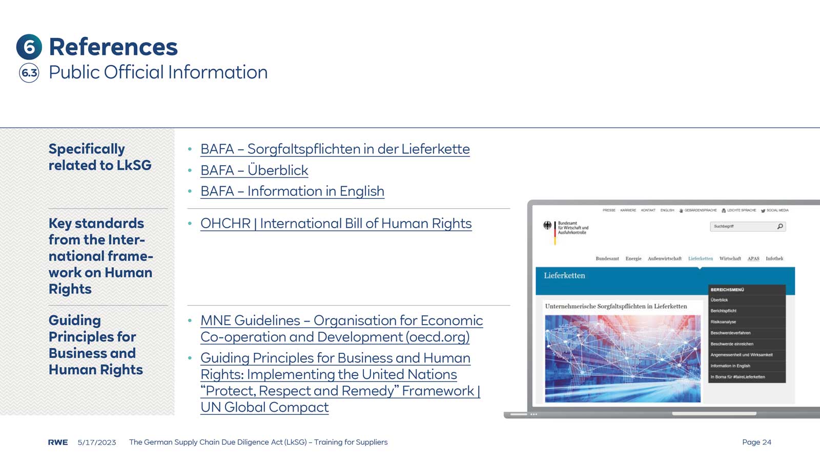 A webpage screenshot highlighting references related to the German Supply Chain Due Diligence Act, featuring links on human rights.