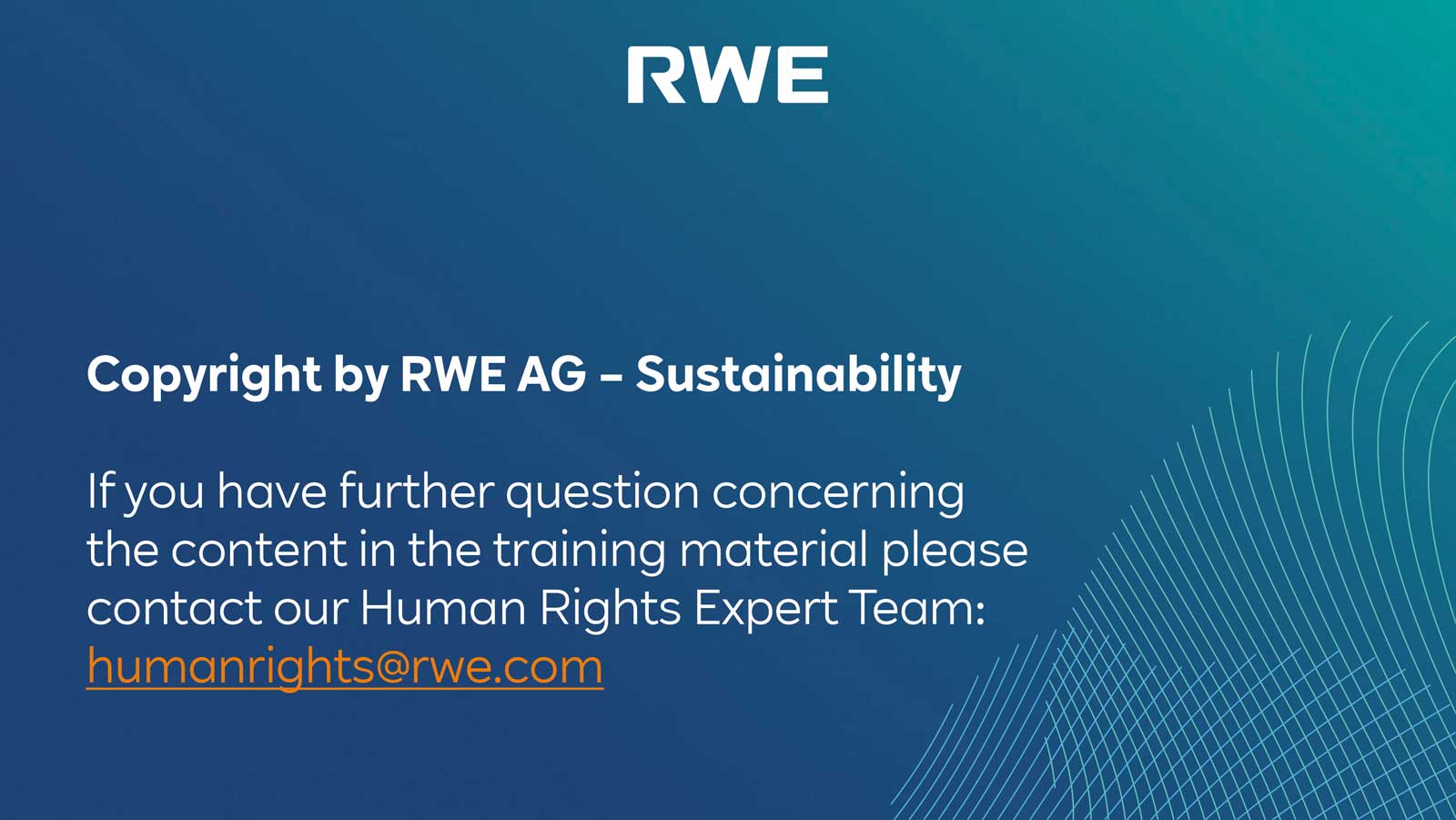 A copyright notice by RWE AG related to sustainability, with contact information for the Human Rights Expert Team.