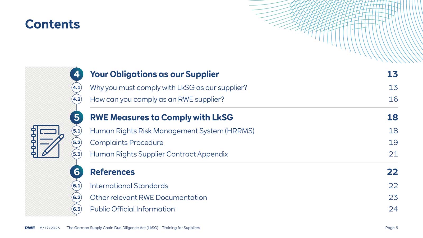 A content page from RWE outlining supplier obligations and compliance measures with LkSG, including references and page number.