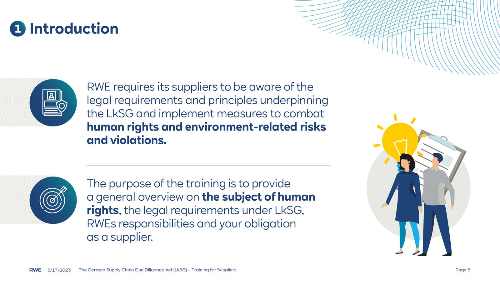 An introduction slide detailing RWE's requirements for suppliers regarding human rights and environmental risks.