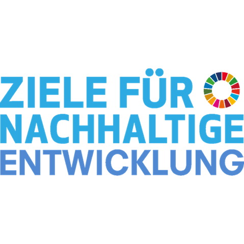 Ein lebendiger blauer Hintergrund mit einem farbenfrohen abstrakten Design in der oberen rechten Ecke.