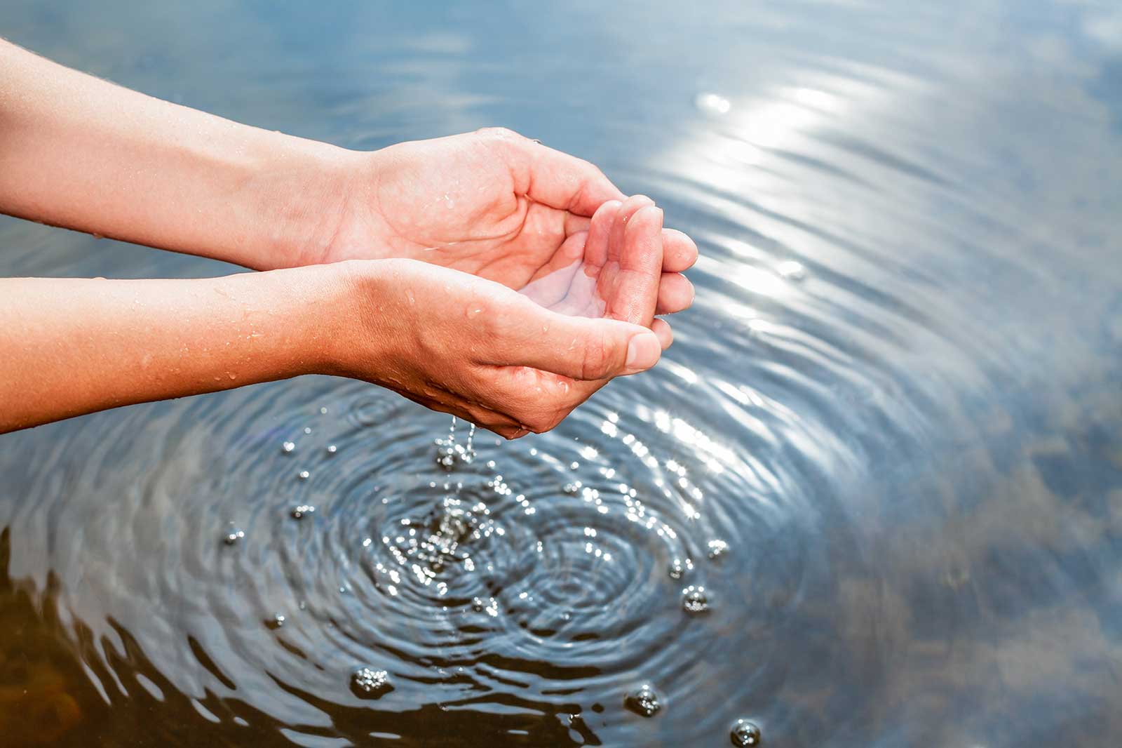 Hände, die Wasser halten, während Wassertropfen ins Wasser fallen, mit sanften Wellen um sie herum.