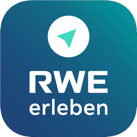 Logo von RWE mit dem Wort 'erleben' darunter, sowie einem Kompasssymbol auf einem blaugrauem Hintergrund.
