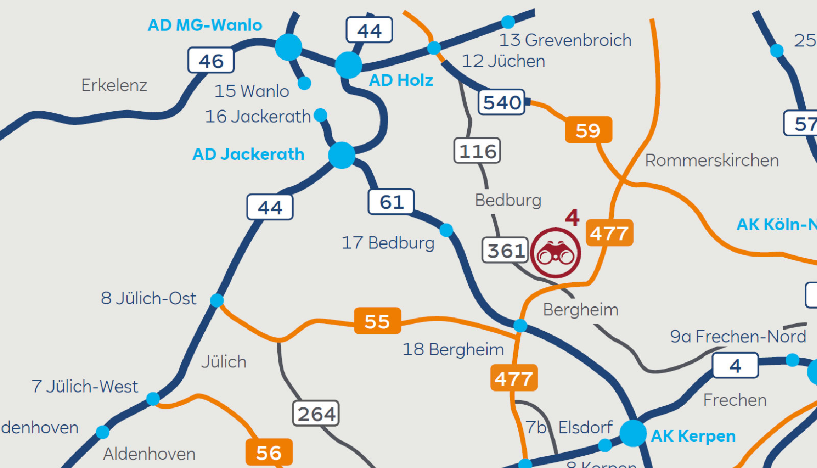 Eine detaillierte Straßenkarte, die Routen, Ausfahrten und Städte im Bereich Bergheim zeigt, einschließlich verschiedener nummerierter Autobahnen.