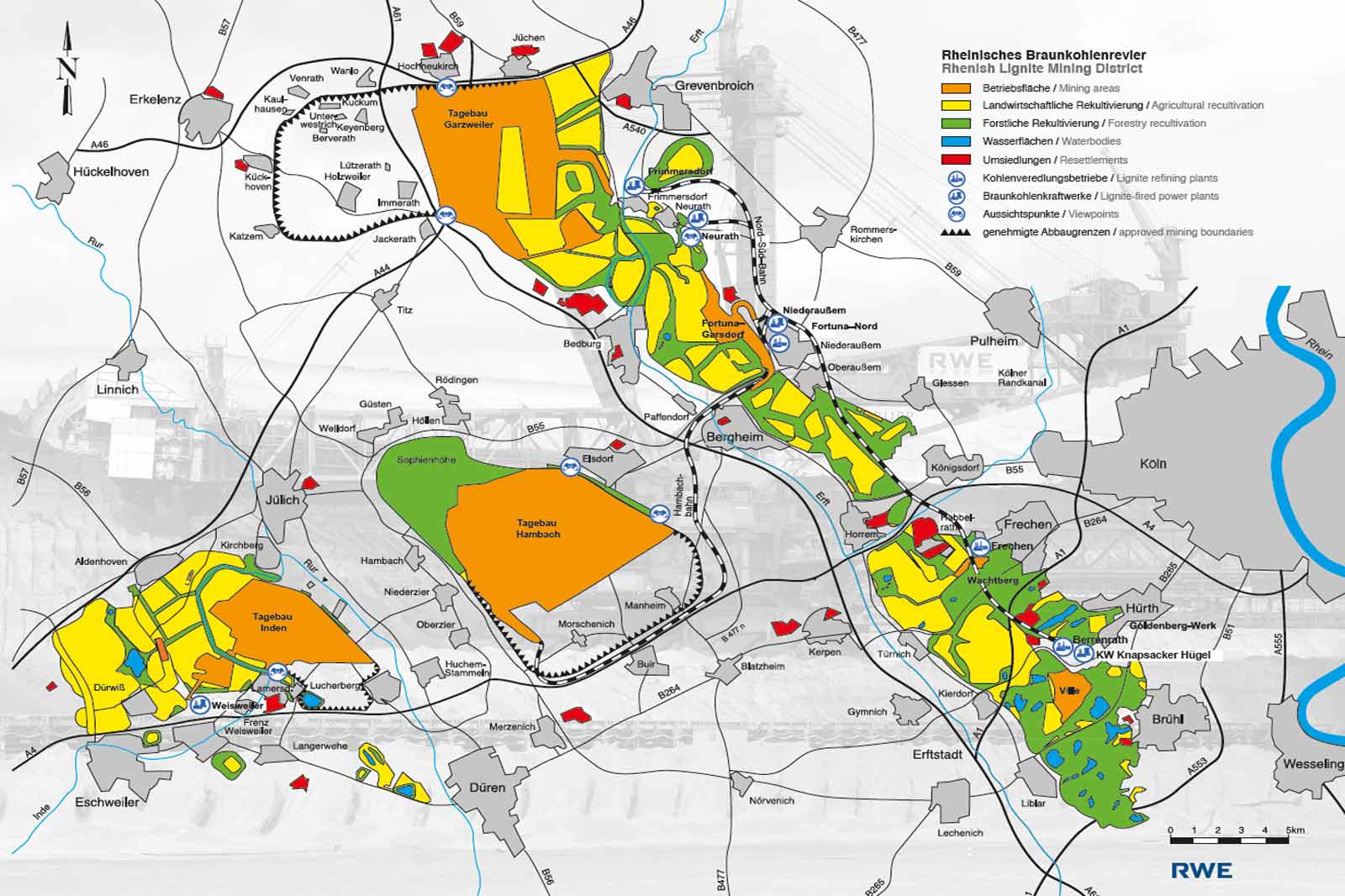 Karte des rheinischen Braunkohlereviers mit Abbaugebieten, Landschafts- und Wasserrekrutierungszonen.