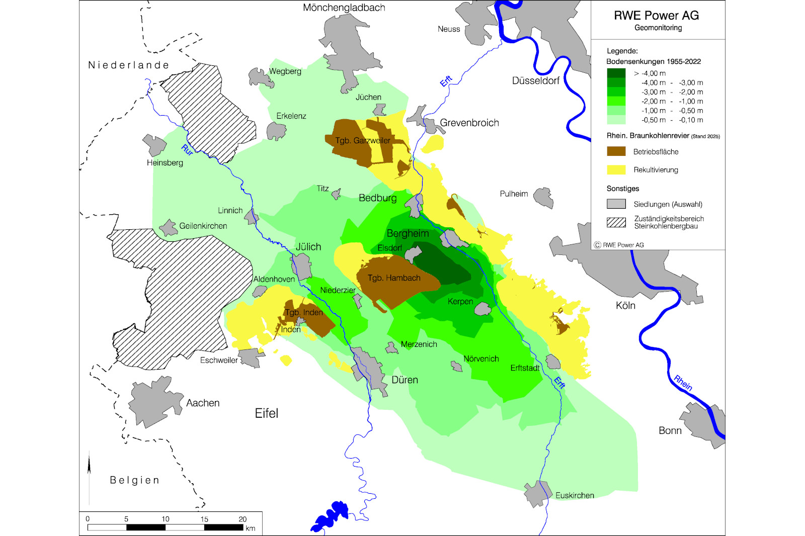 Eine Karte zeigt Betriebstflächen und Rekultivierung in Nordrhein-Westfalen, Deutschland, mit Gewässern und Städten.