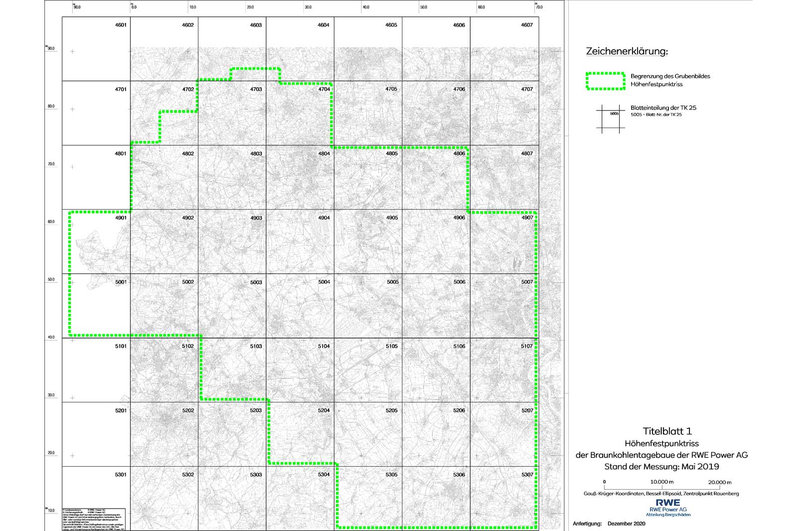 Karte mit grünen Umrissen der Braunkohlenabbaubereiche der RWE Power AG, Stand Mai 2019.