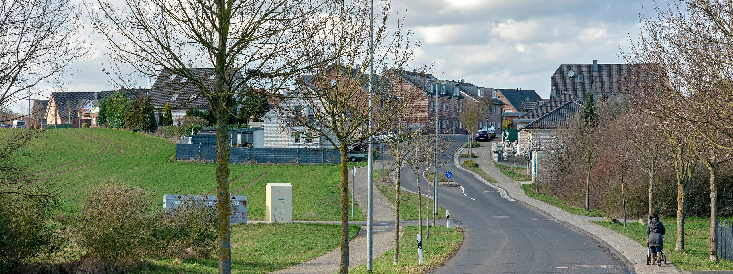 Eine Wohnstraße mit Häusern, einer Grasfläche und einer Frau, die einen Kinderwagen auf dem Gehweg schiebt.