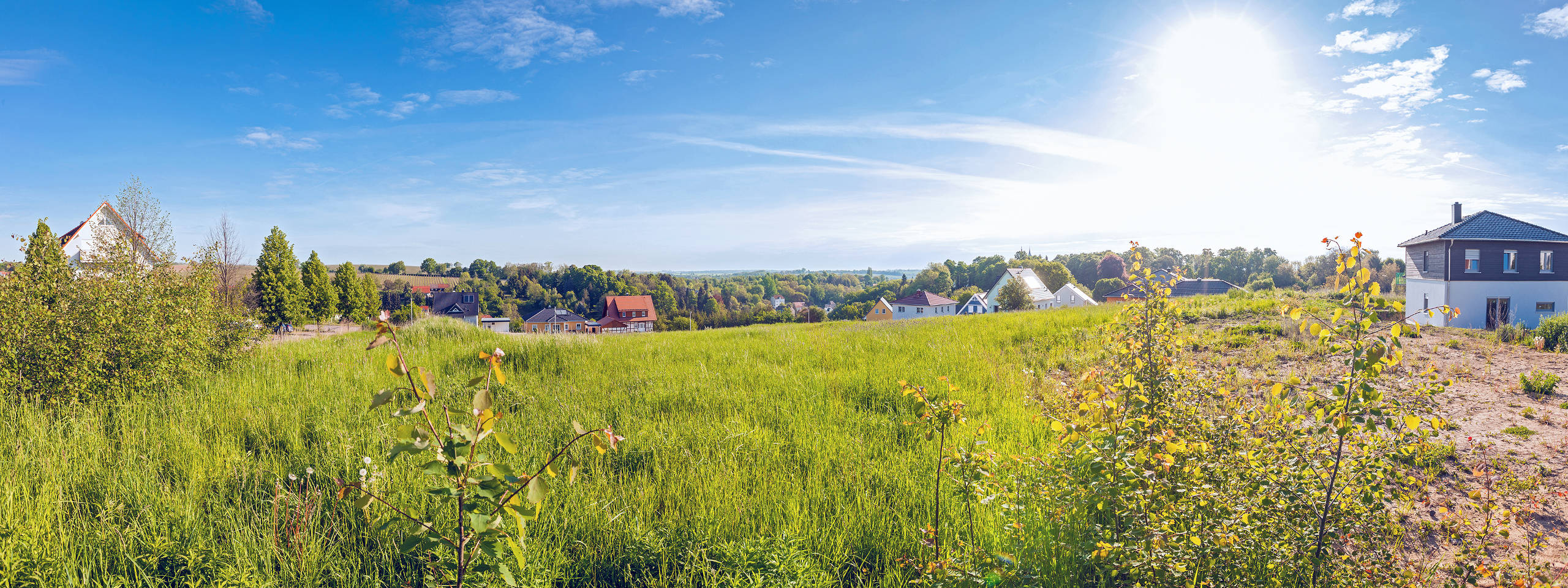 Eine weite Landschaft mit Wiesen, Häusern und Bäumen unter einem blauen Himmel und strahlender Sonne.