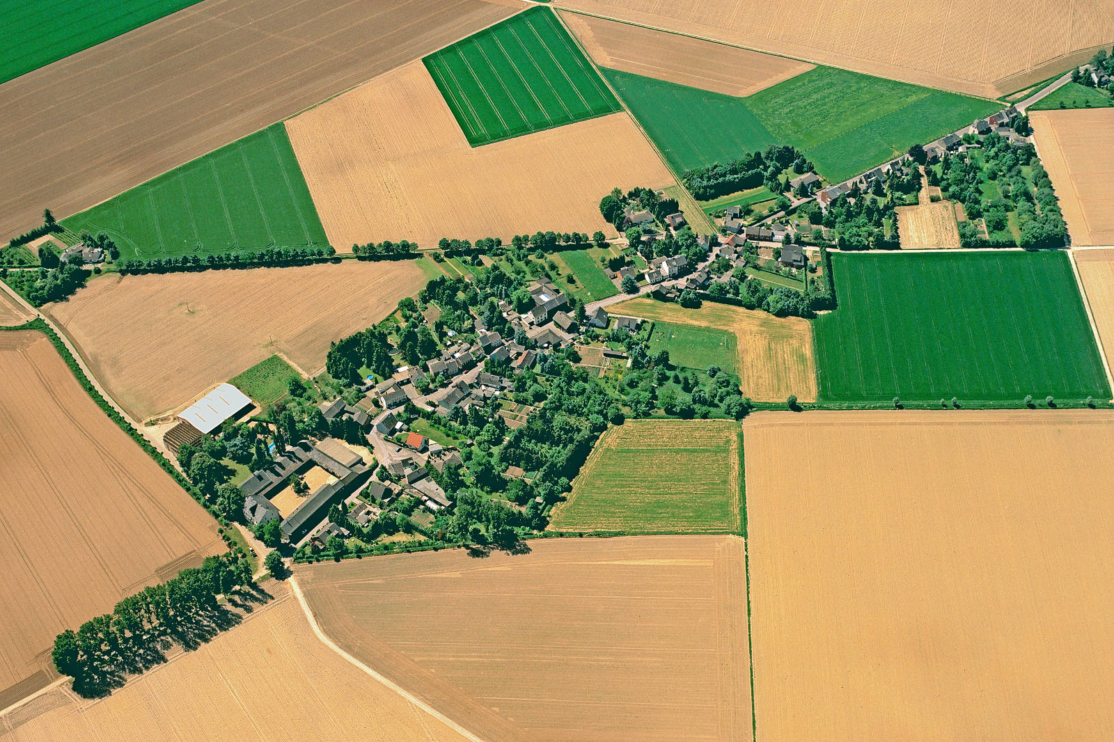 Luftaufnahme eines kleinen Dorfes umgeben von weitläufigen Feldern in verschiedenen Grüntönen und Erdtönen.