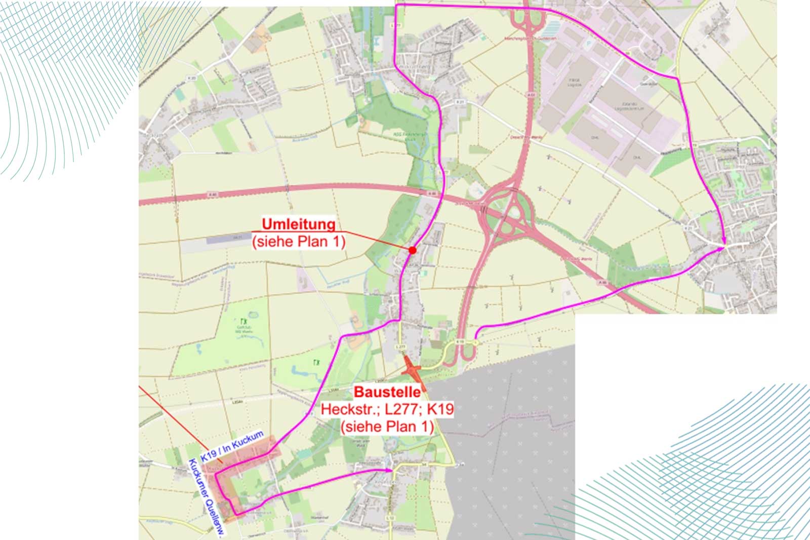 Eine Karte, die eine Umleitung um eine Baustelle zeigt, die als Baustelle identifiziert wird, mit hervorgehobenen Routen und Anweisungen.