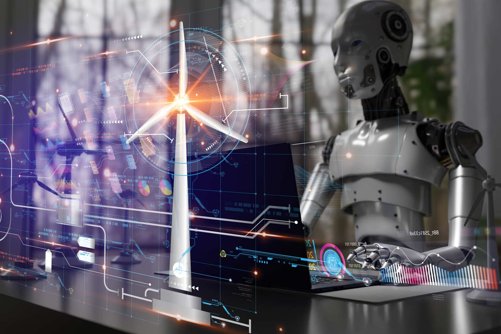 Ein futuristischer Roboter arbeitet an einem Laptop, mit einem Windrad und digitalen Grafiken im Hintergrund.