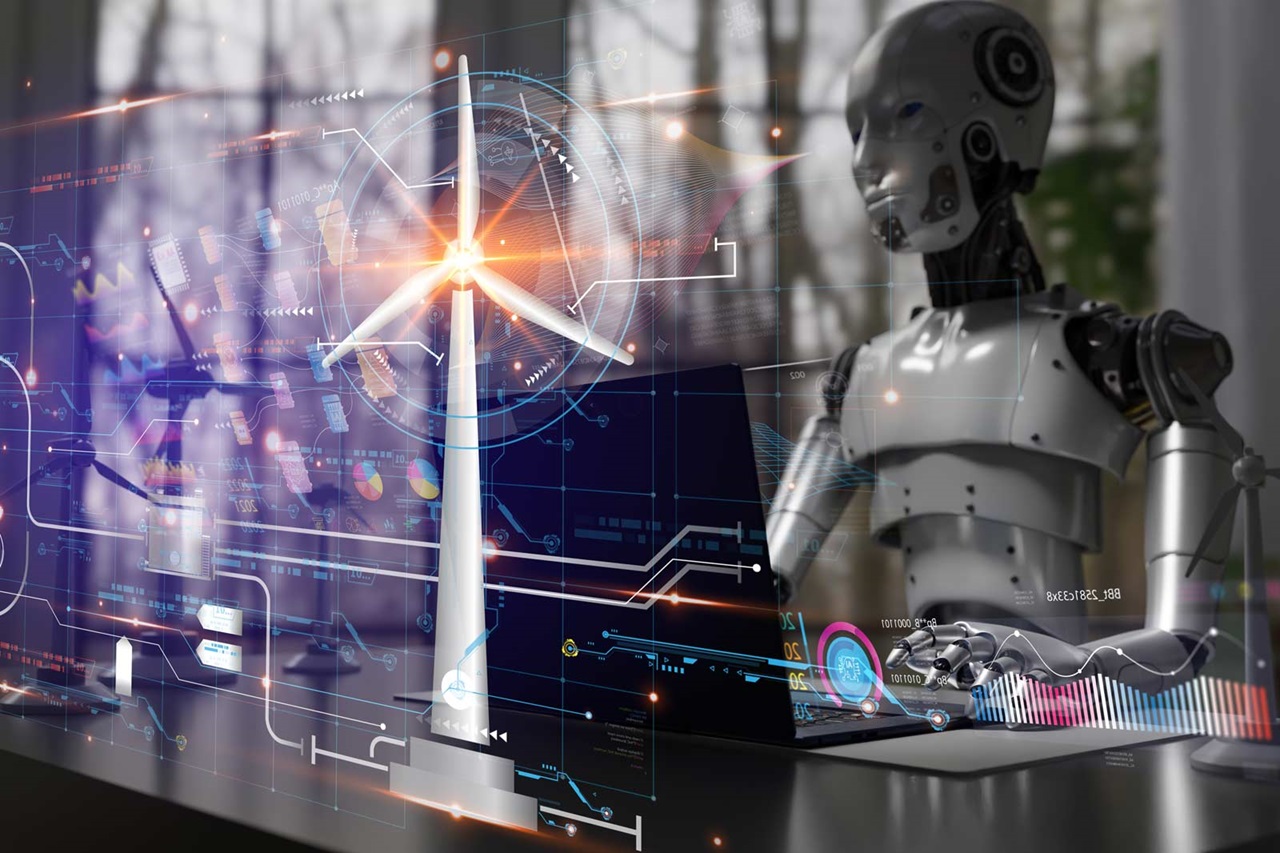 A futuristic robot is working on a laptop, with a wind turbine and digital graphics in the background.