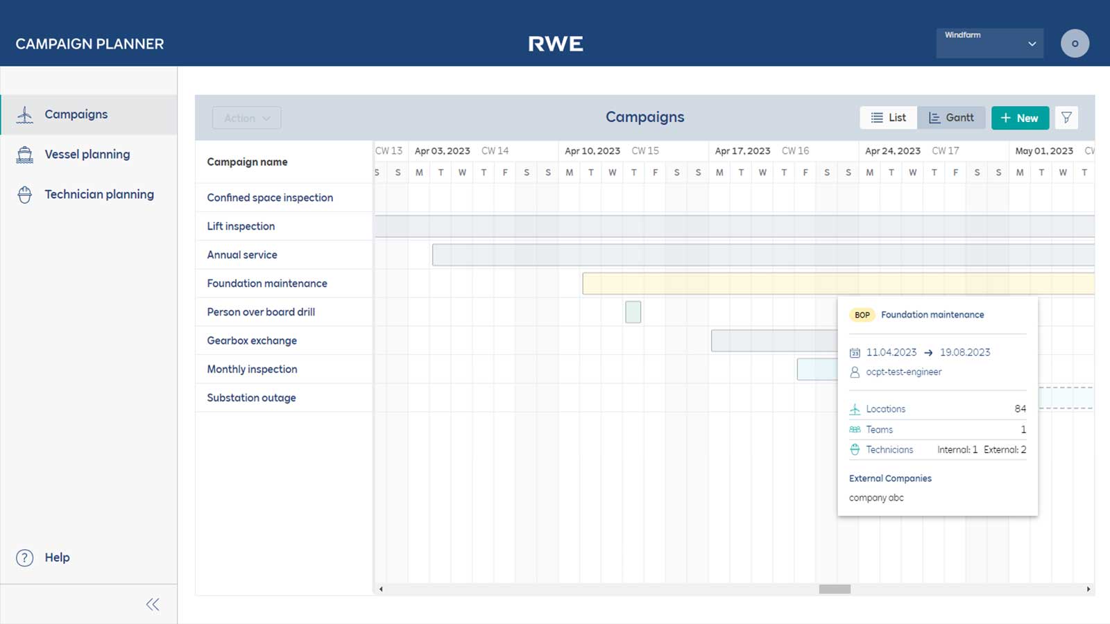 Ein Screenshot eines Projektplans mit verschiedenen Kampagnen und Zeitplänen für Inspektionen und Wartungen.